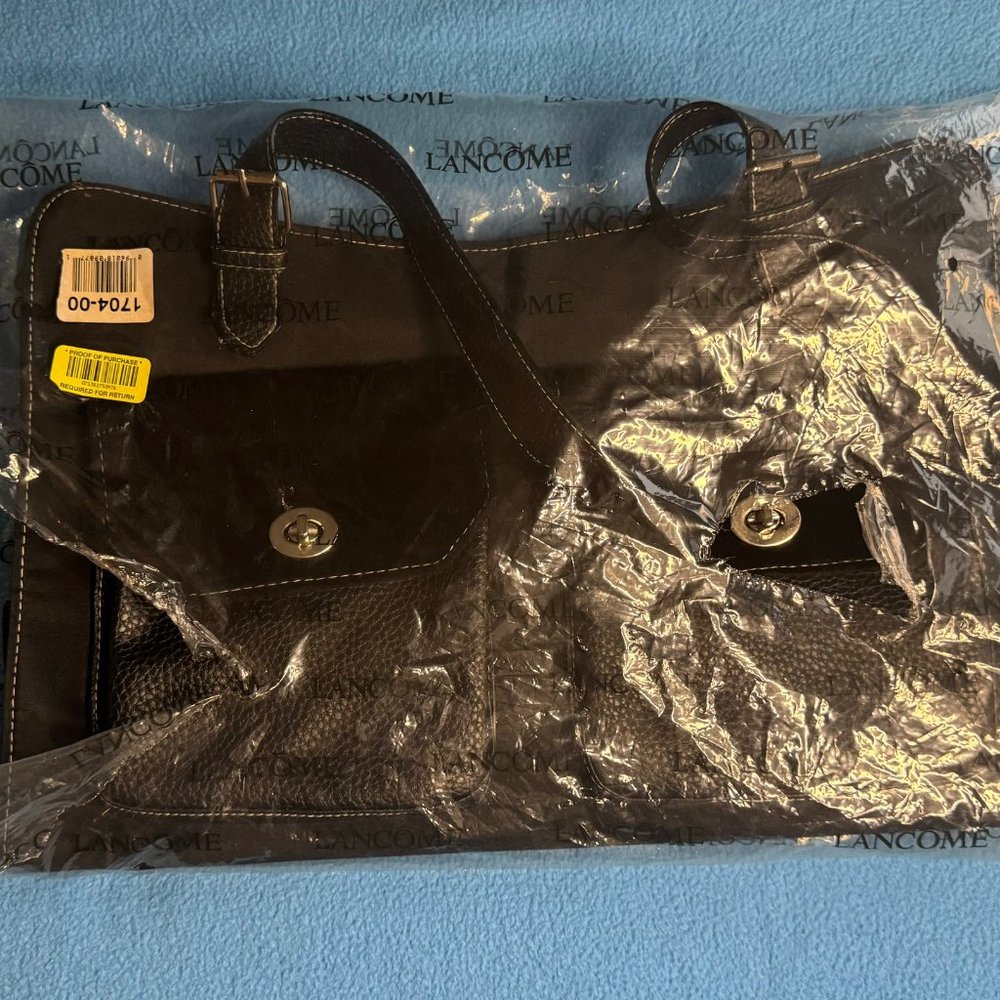 New In Package Lancome Black Vinyl & Faux Suede Purse & Wallet Set